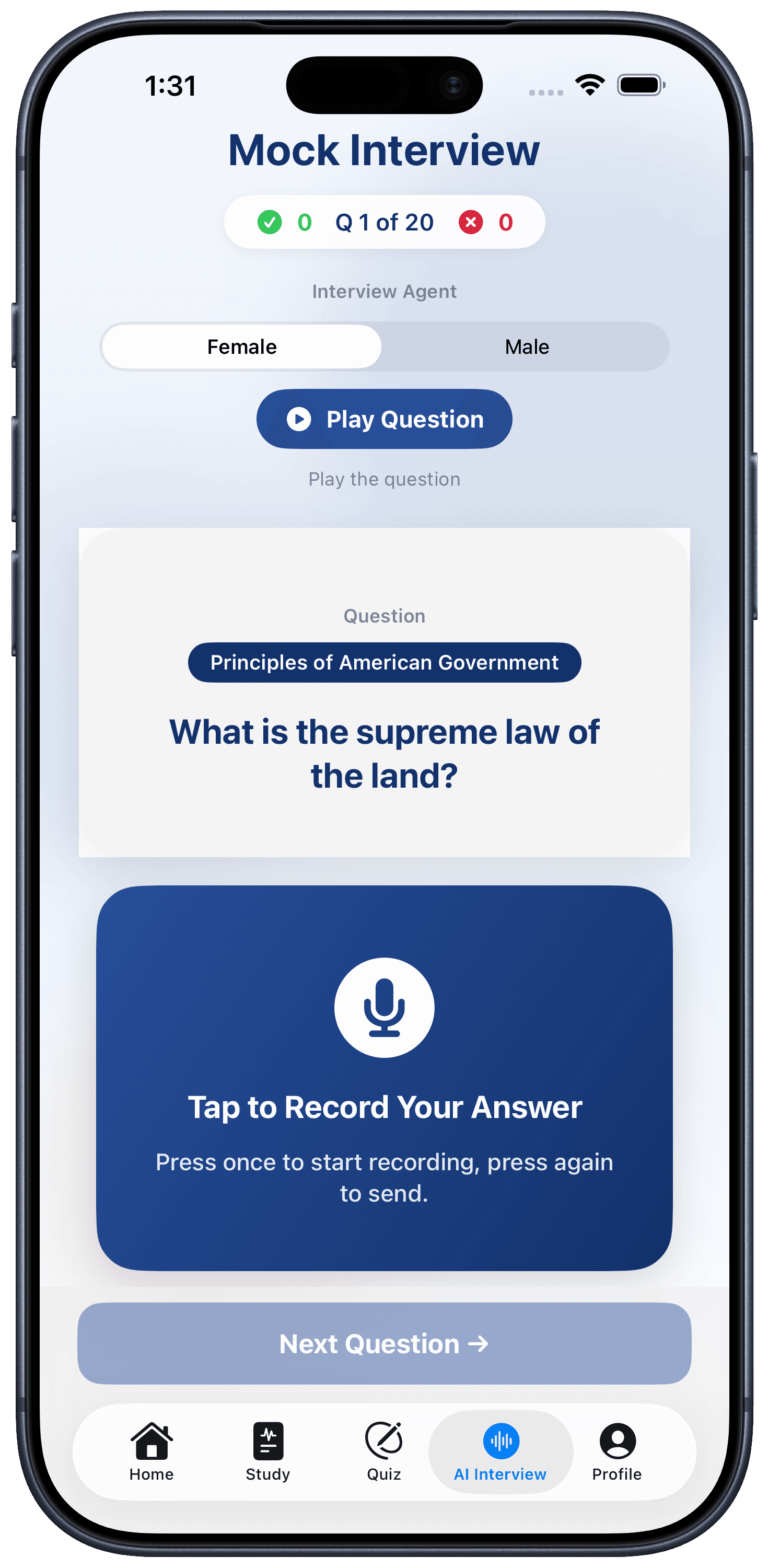 CitizenPrep AI mock interview screen