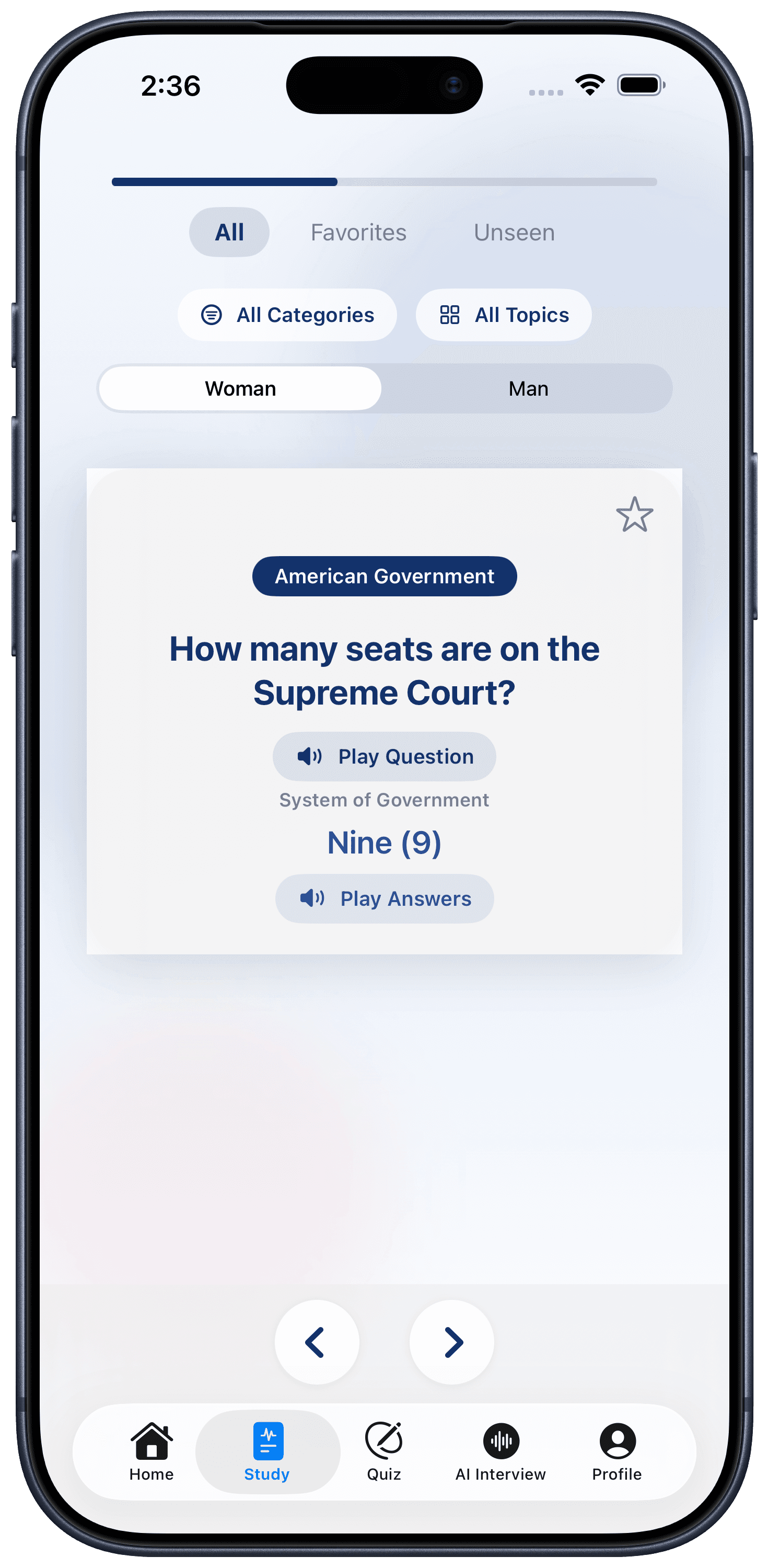 CitizenPrep AI study mode screen