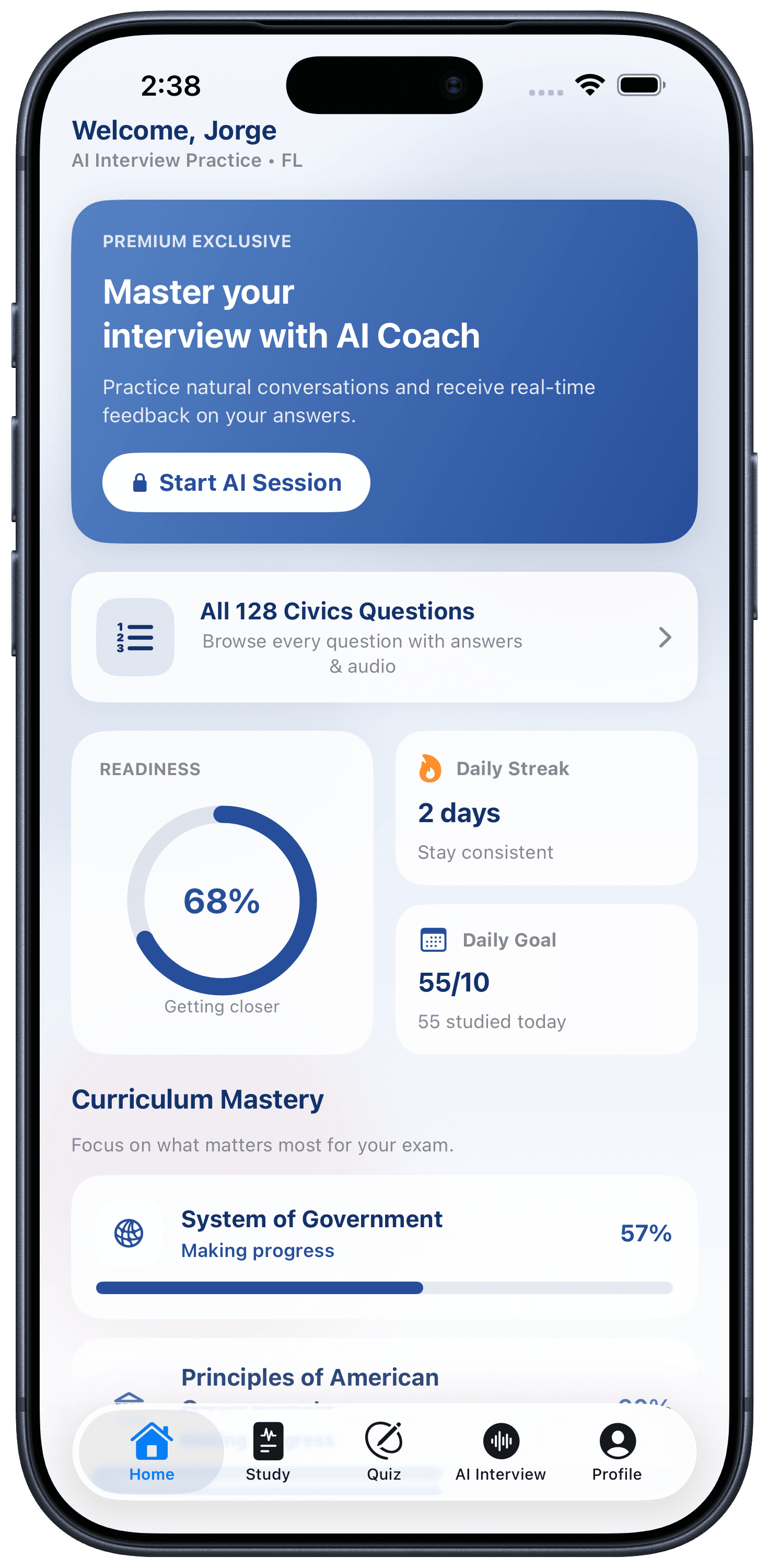CitizenPrep AI home screen